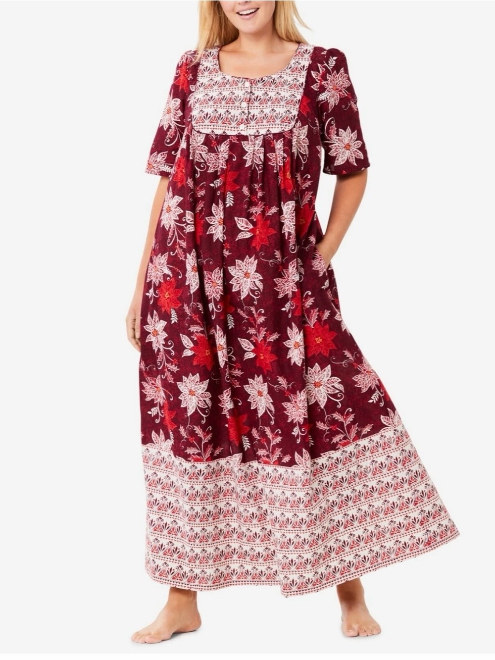 Only Necessities Plus Size Classic Red Poinsett Mixed Print Long Lounger Sz 5X